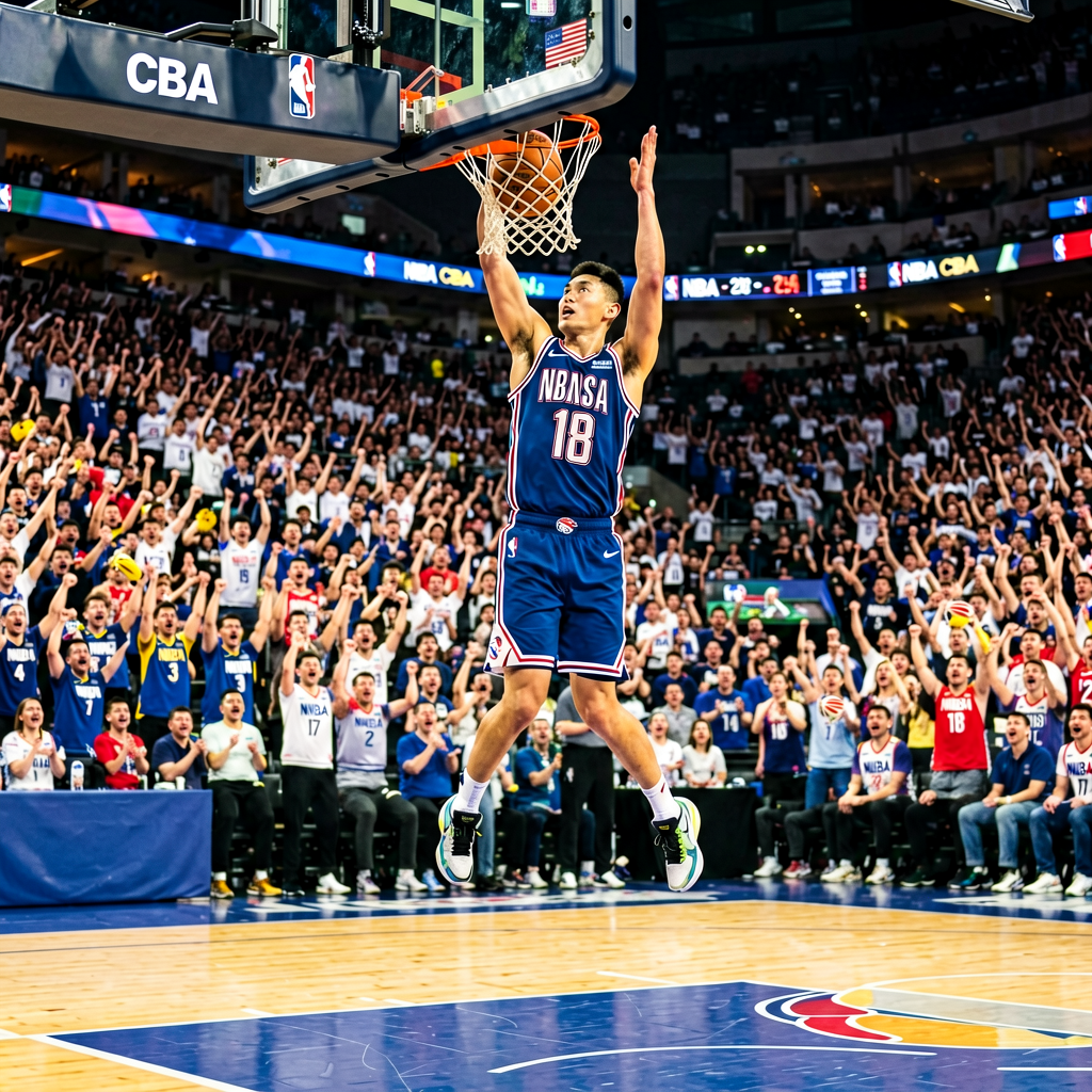 NBA篮球赛场上球员腾空扣篮，观众席沸腾欢呼